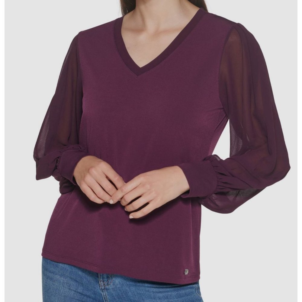 Calvin Klein Women's V Neck Chiffon Long Sleeve Pullover Work Top Plum XS B2-21